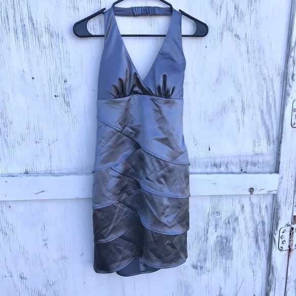 Y2K Vintage BCX Silver Satin Halter Dress 3 S Women Prom Petal Coquette Grunge - Picture 1 of 8